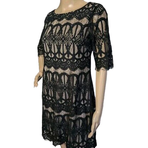 Eliza J Women's Size 6 Shift Dress Black Lace Over Tan - Picture 2 of 8
